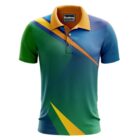 Ladies Sublimated Polos with vibrant geometric patterns in green, blue, yellow, and orange.