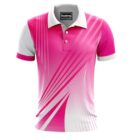 Ladies Sublimated Polos in pink/white with geometric lines and a white collar.