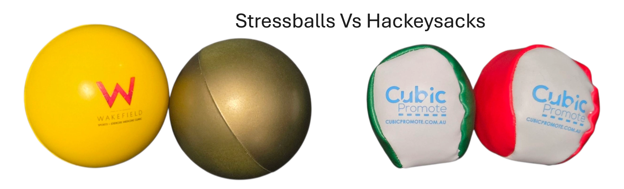 Two stress balls on the left and two colorful hackysacks on the right with text above them.
