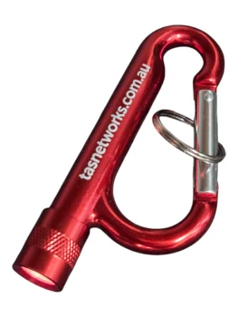 Red carabiner keyring with a built-in flashlight and tasnetworks.com.au printed on the side.