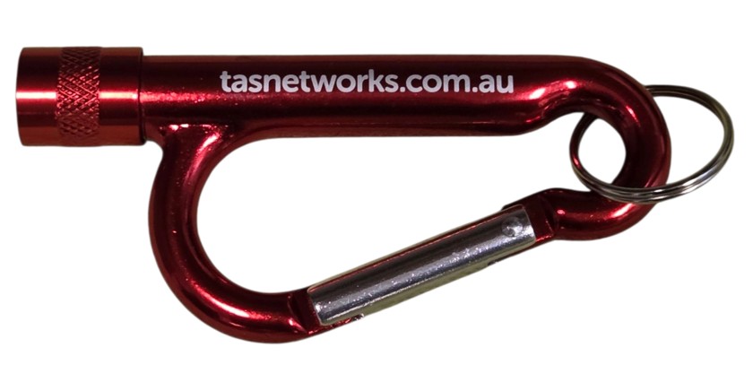 Red carabiner keyring with tasnetworks.com.au text and a small metal key ring attached.