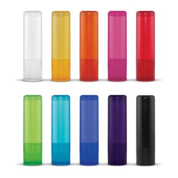 Ten colorful Cosmedica empty lip balm tubes arranged in two rows on a white background.