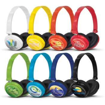 Eight pairs of colorful headphones with Broome Regional Aboriginal Medical Service logos on the ear cups.