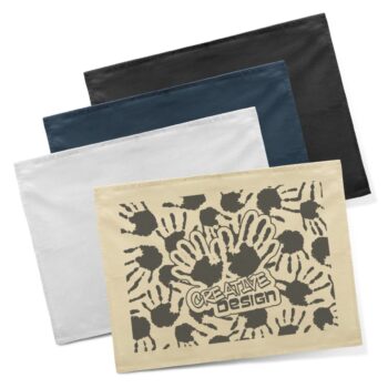 Four colored hemp placemats, one with handprint and Creative Design graphic—Hemping Around.