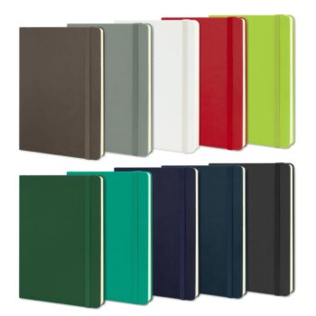 Ten closed notebooks in solid colors, lined up like a Central Coast Touch Football team formation.