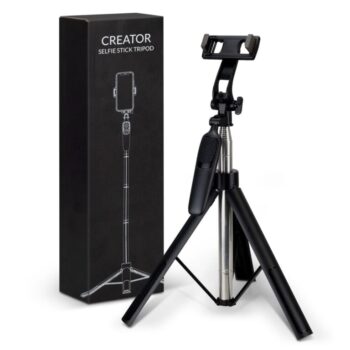 ATECH selfie stick tripod next to its black packaging box with product illustration.