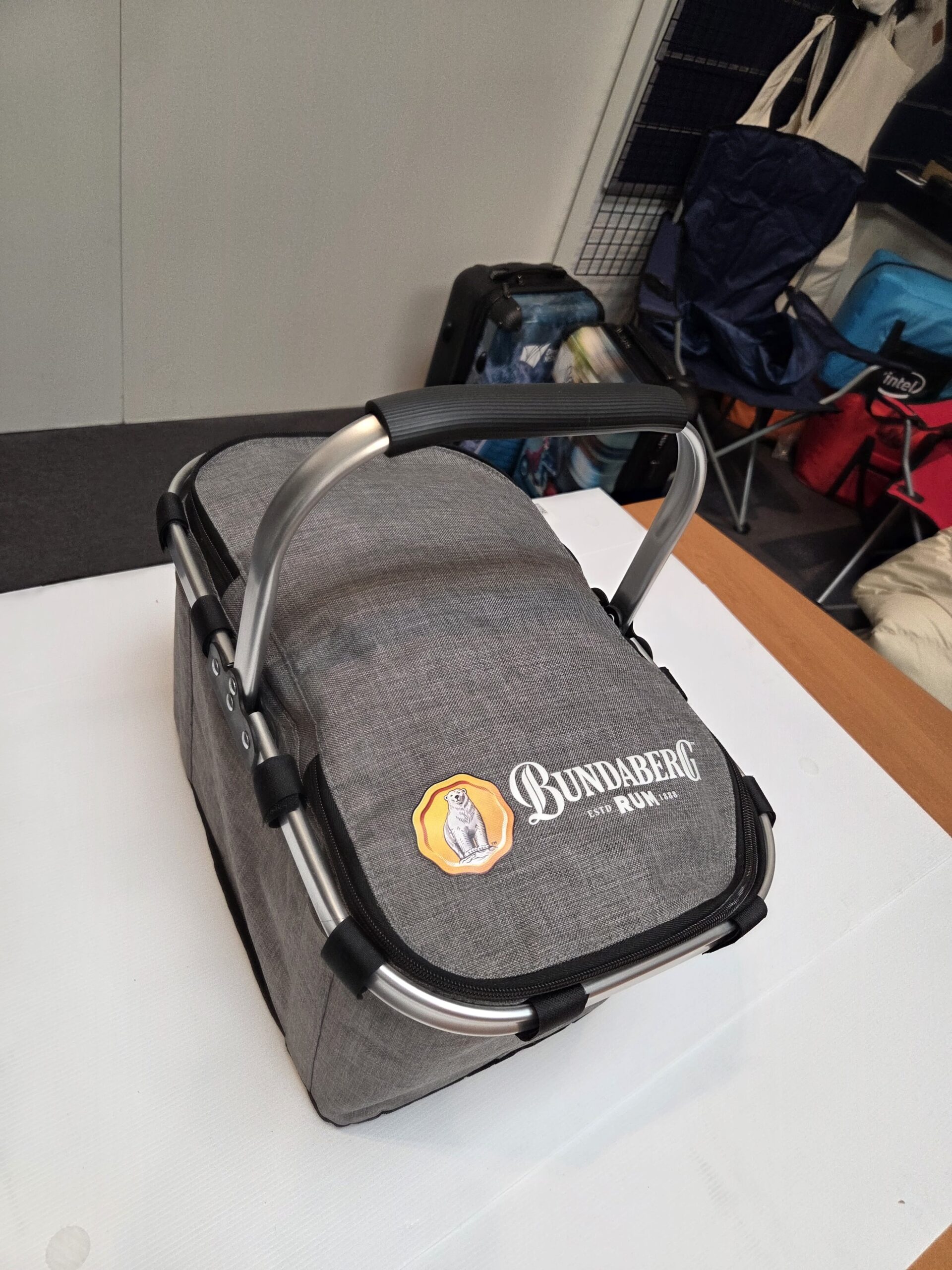 grey picnic basket with Bundaberg Rum logo