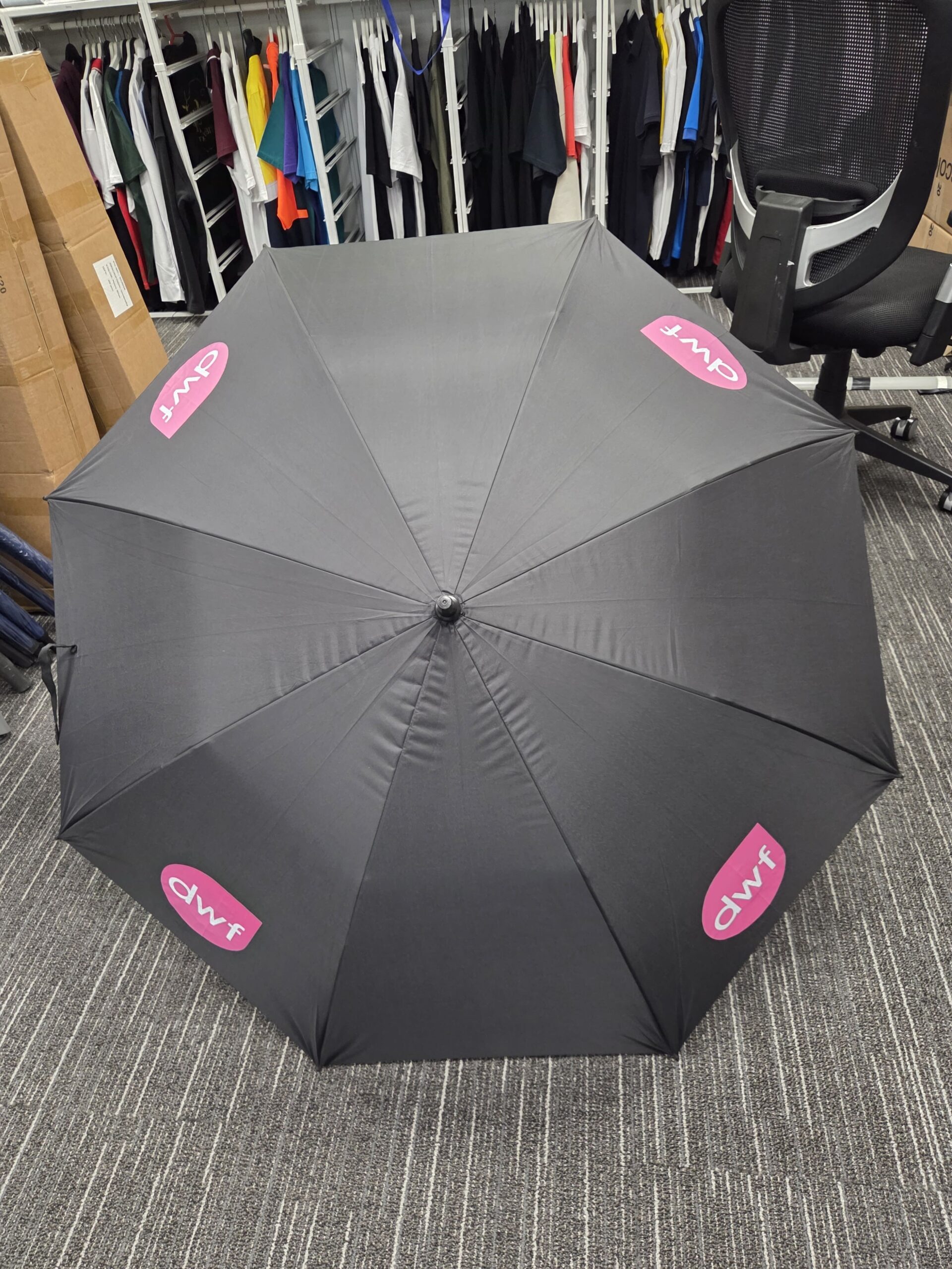 black umbrella with dwf logo