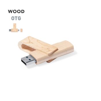 Wooden swivel USB flash drive, angled open, Spicers Retreats WOOD OTG on white background.