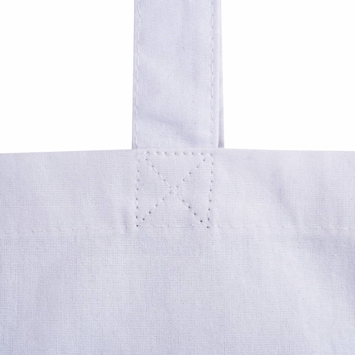 Close-up of an Event Eco Calico Bags - rush handle with X-shaped stitching.