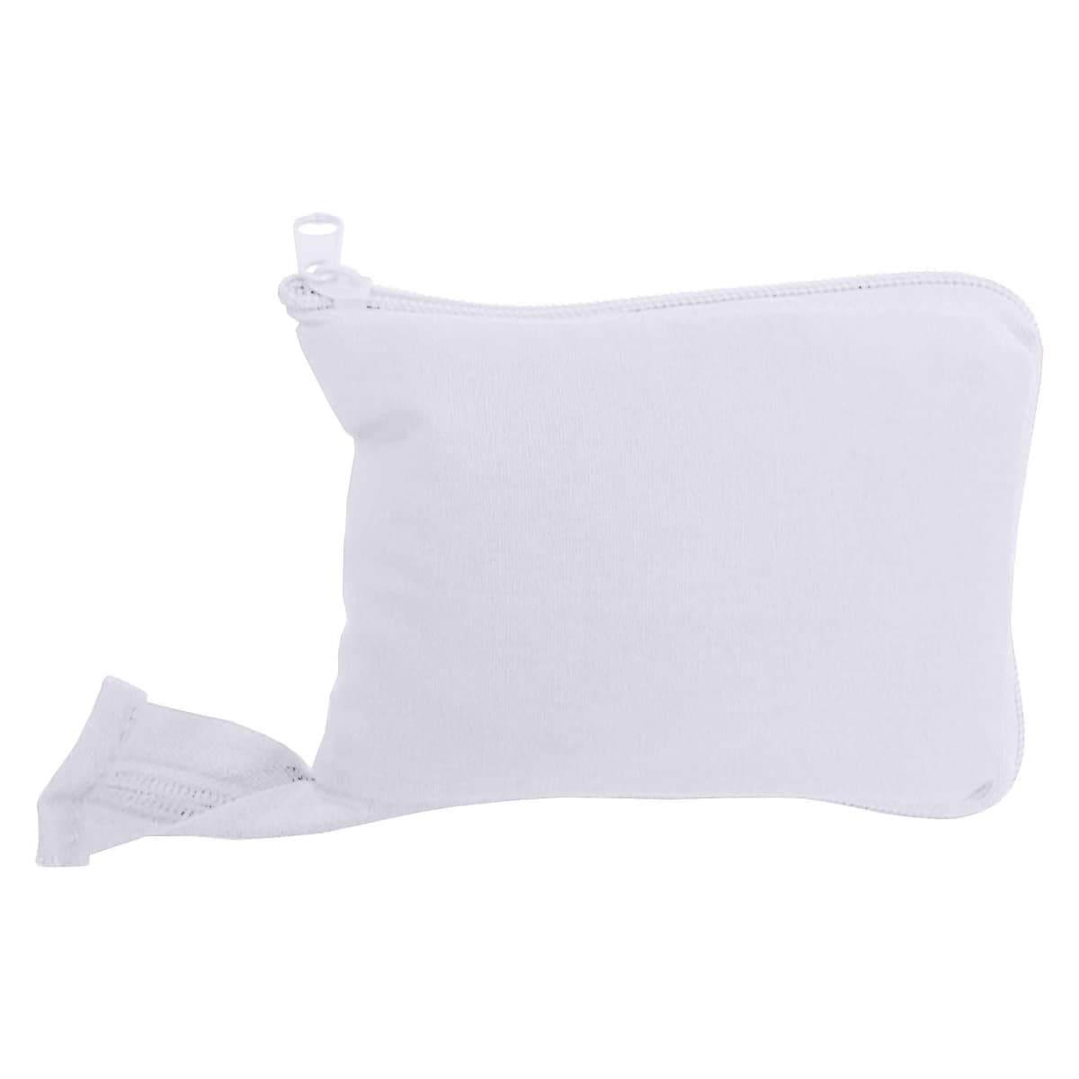 Small white Event Eco Calico Bag with zip pouch and fabric pull tab on a plain background.