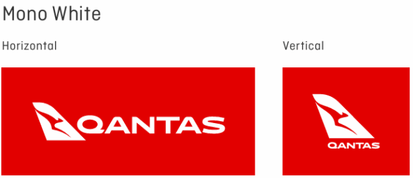 Two red Qantas logos: horizontal and vertical, both featuring the classic kangaroo logo.