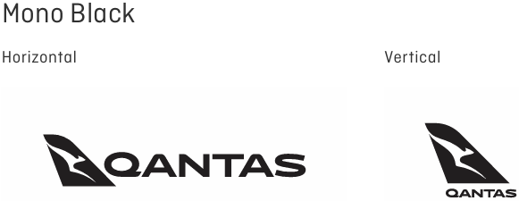 Two black Qantas logos, both with a kangaroo tail design—one horizontal, one vertical logo.