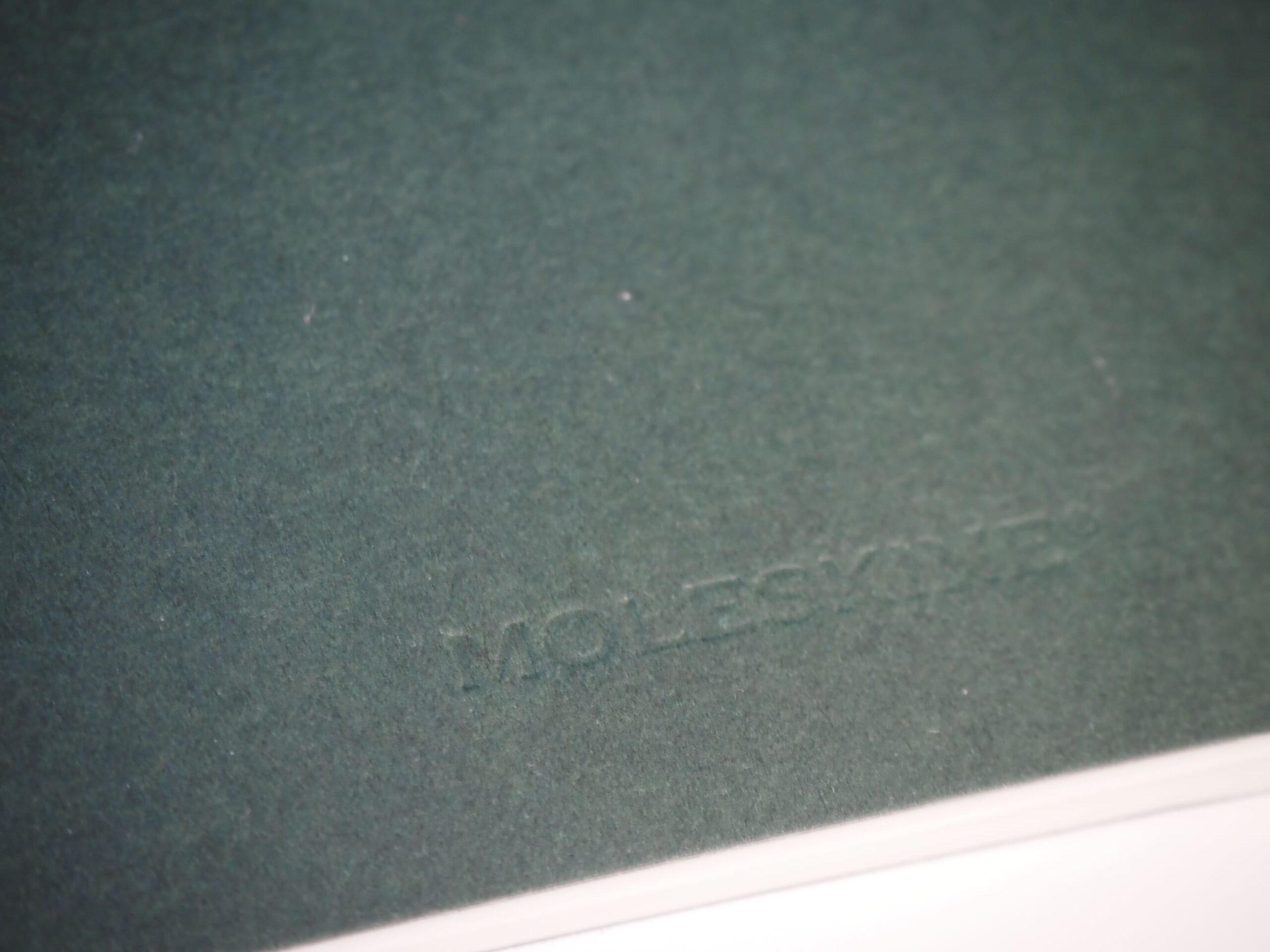 Close-up of a green Moleskine notebook cover with embossed Qualitas logo.