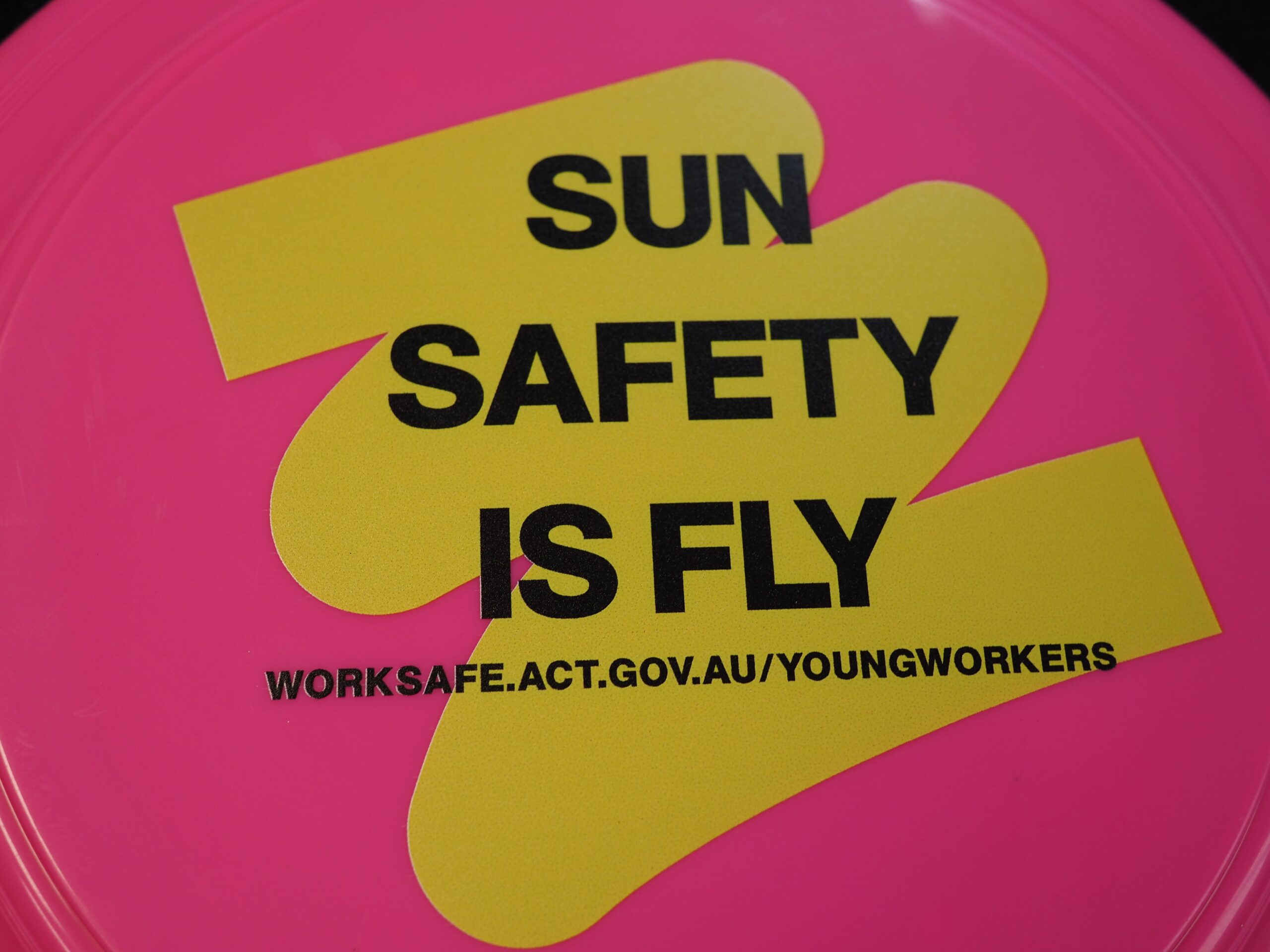 A pink frisbee with Sun Safety Campaign and a website URL in bold black text.