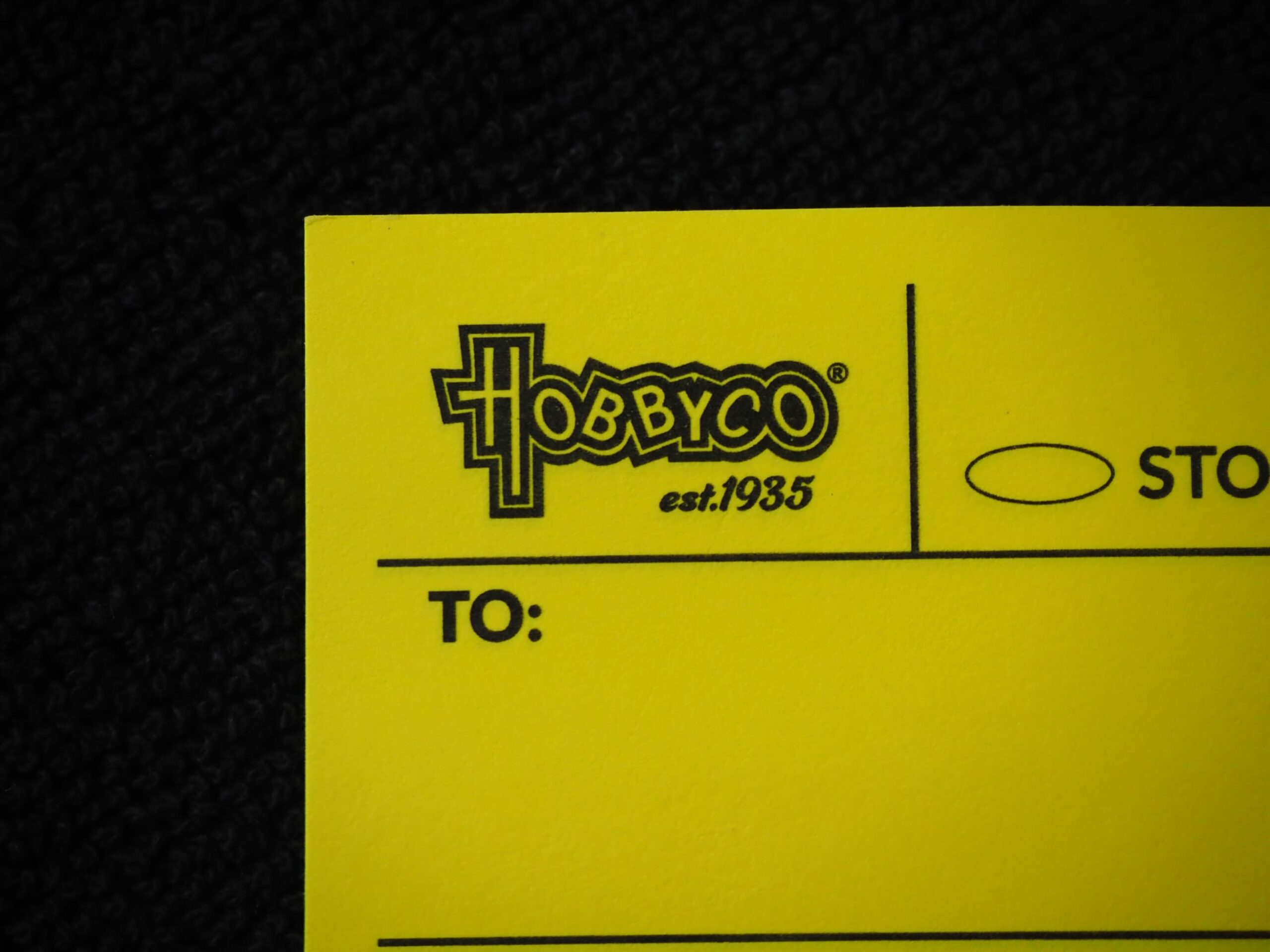 Yellow paper with HOBBYCO est. 1935 logo and TO: printed in black text.