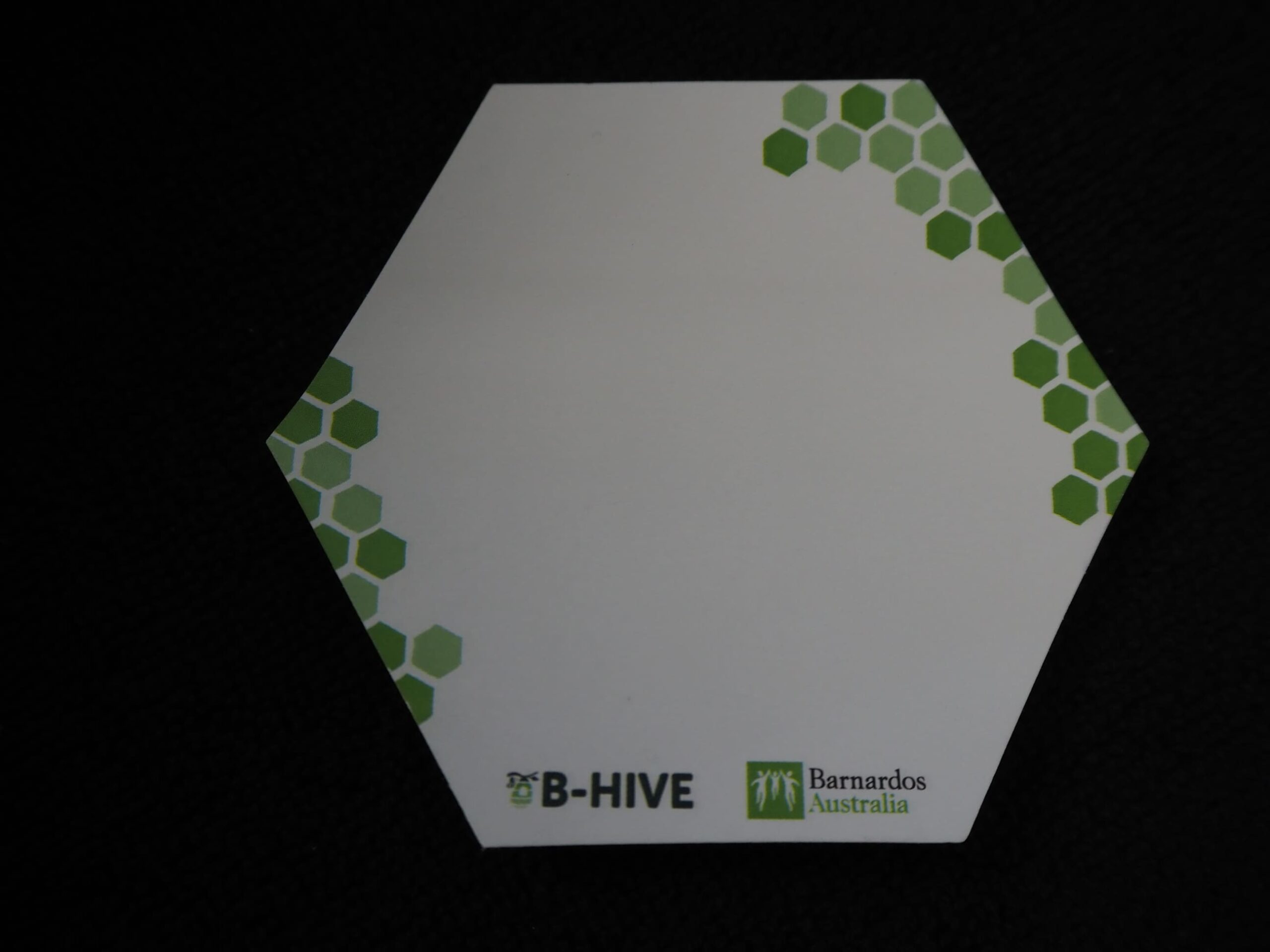 Hexagonal notepad with green hexagon pattern, B-HIVE, and children's charity Barnardos Australia logos.