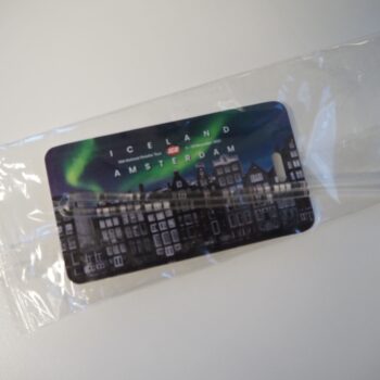 A souvenir card with Iceland Amsterdam cityscape, perfect for placing an order as a gift.