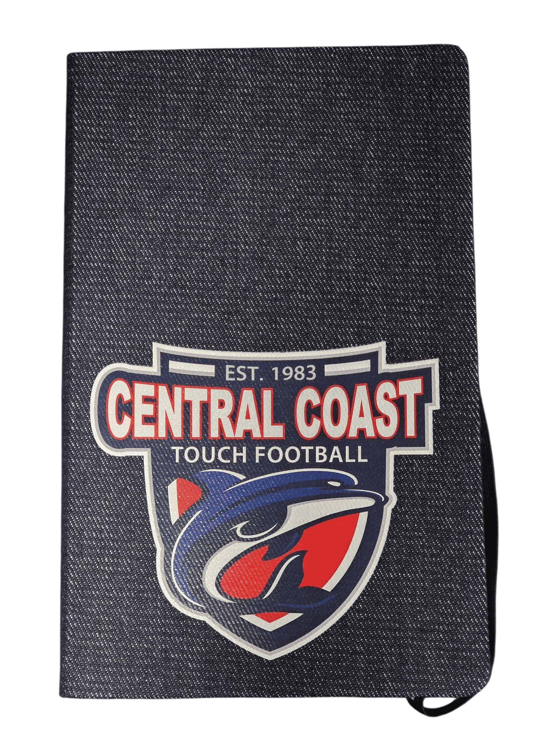 Dark denim notebook featuring the Central Coast Touch Football logo on the cover.
