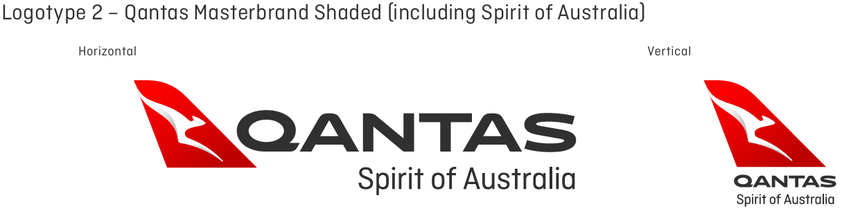 Qantas logo: horizontal and vertical layouts with red kangaroo icon and Spirit of Australia text.