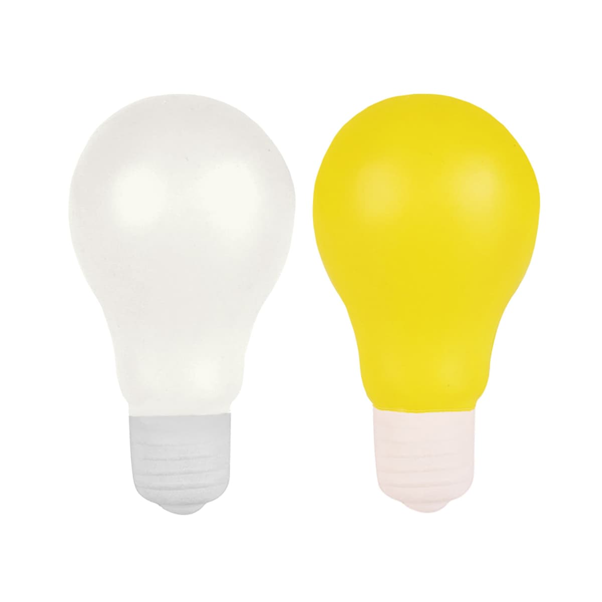 Two Stress Ball Light Bulb - rush items, one white and one yellow, on a plain background.