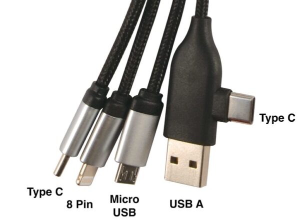 Four cables for welcome kits: Type C, 8 Pin, Micro USB, and USB A on a white background.