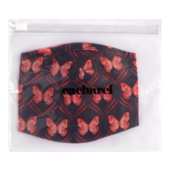 Black face mask with red butterfly pattern, in a ziplock bag labeled cacharel for pet therapy.