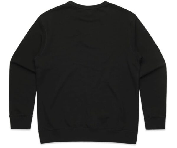 Black long-sleeve crewneck sweatshirt, ideal for welcome kits, shown from the back on white.