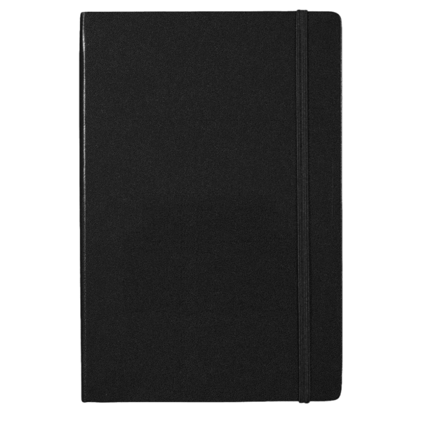 A closed black notebook with an elastic band, perfect for company welcome kits.