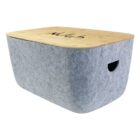 Rectangular Ava Tub - rush with wooden lid, gray felt, and side handle cutouts.