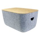 Ava Tub - rush: Gray felt storage box with wood lid and side handle for quick access.