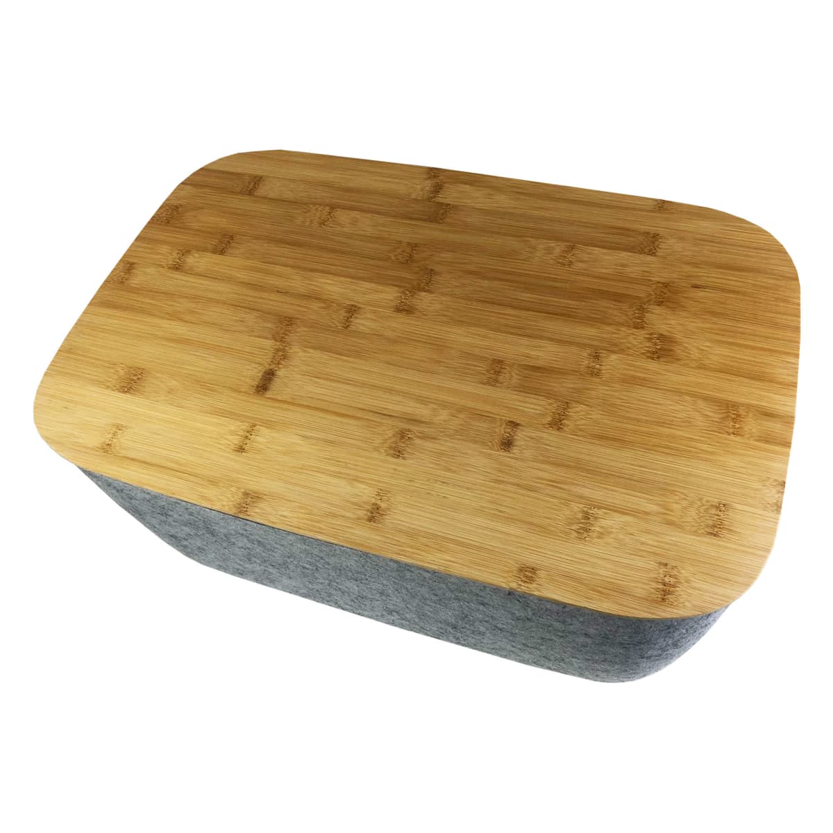 Ava Tub - rush: Rectangular tub with wooden lid and gray rush fabric or felt base.
