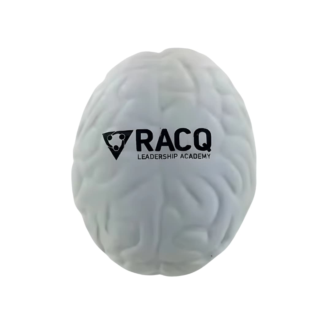 The Stress Toy Brain - rush in white with RACQ Leadership Academy logo, ideal for stress relief.