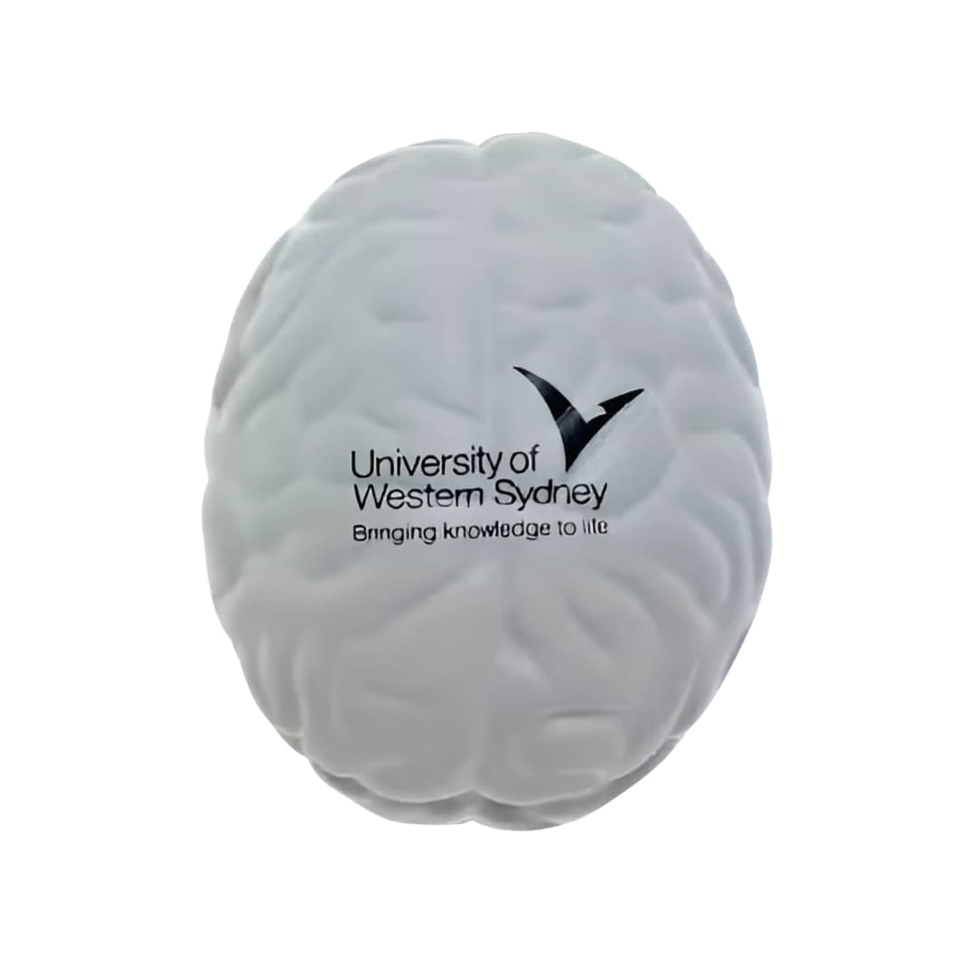 White Stress Toy Brain - rush with University of Western Sydney logo and slogan.