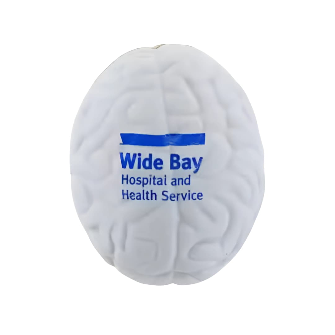White Stress Toy Brain - rush with Wide Bay Hospital and Health Service printed in blue.