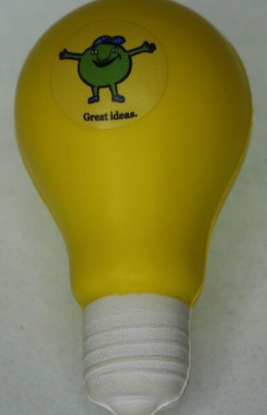 Get the Stress Ball Light Bulb - rush in yellow with a smiling cartoon and "Great ideas." on top!.