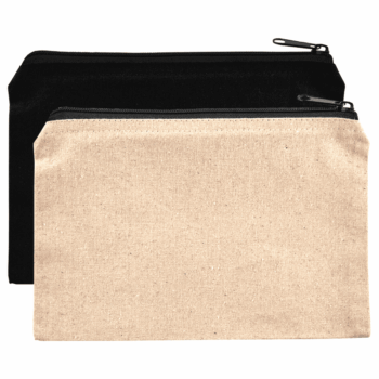 Two zippered pouches by Immersive Technologies: beige in front, black behind, both with black zippers.