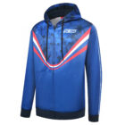 Blue Sublimated Hoodie with red-white stripes and camo pattern on the chest.