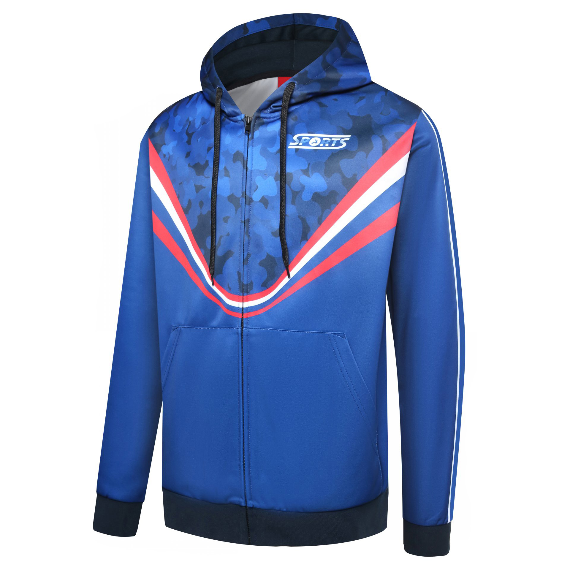 Sublimated Hoodie: Blue zip-up with red/white stripes, camo, and SPORTS on chest.