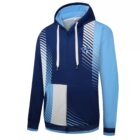 Grade 6 School Leaver Hoodie in blue with geometric white and light blue line patterns.