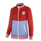 Grade 6 School Leaver Jacket in red and light blue with white zipper and owl chest patch.