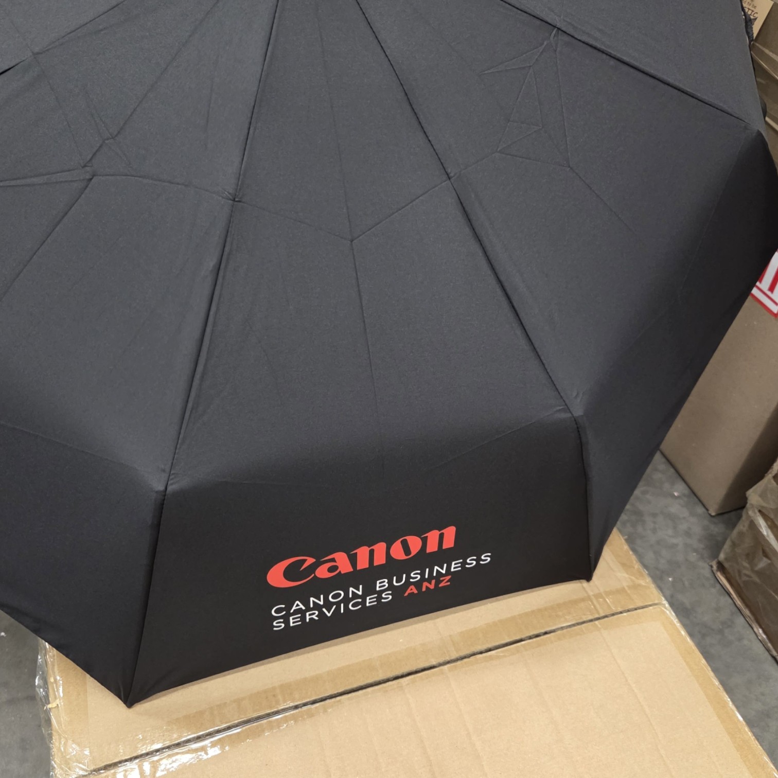 Black umbrella with Canon Business Services ANZ branding, resting on a cardboard box.