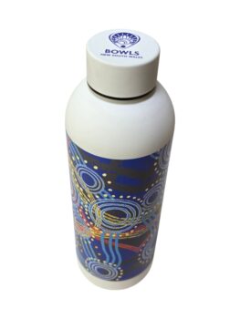 White bottle with colorful circular patterns, partnering with Aboriginal artists for custom merchandise.