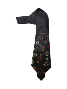 Black necktie with colorful circular patterns, inspired by Aboriginal artists, isolated on white.