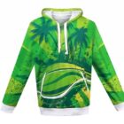 Sublimated Hoodie with green palm trees, abstract patterns, and white drawstrings and cuffs.
