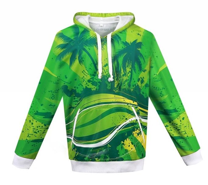 Sublimated Hoodie with green palm trees, abstract patterns, and white drawstrings and cuffs.