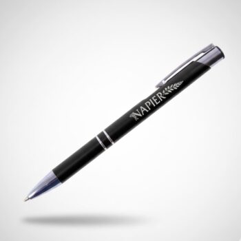 Black promotional pen with silver accents and NAPIER printed on the side.