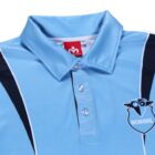 Light blue Year 12 School Leaver Polo with owl logo and black diagonal stripes.