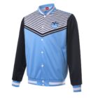 Light blue Grade 6 School Leaver Jacket with black sleeves, stripes, and school emblem on chest.