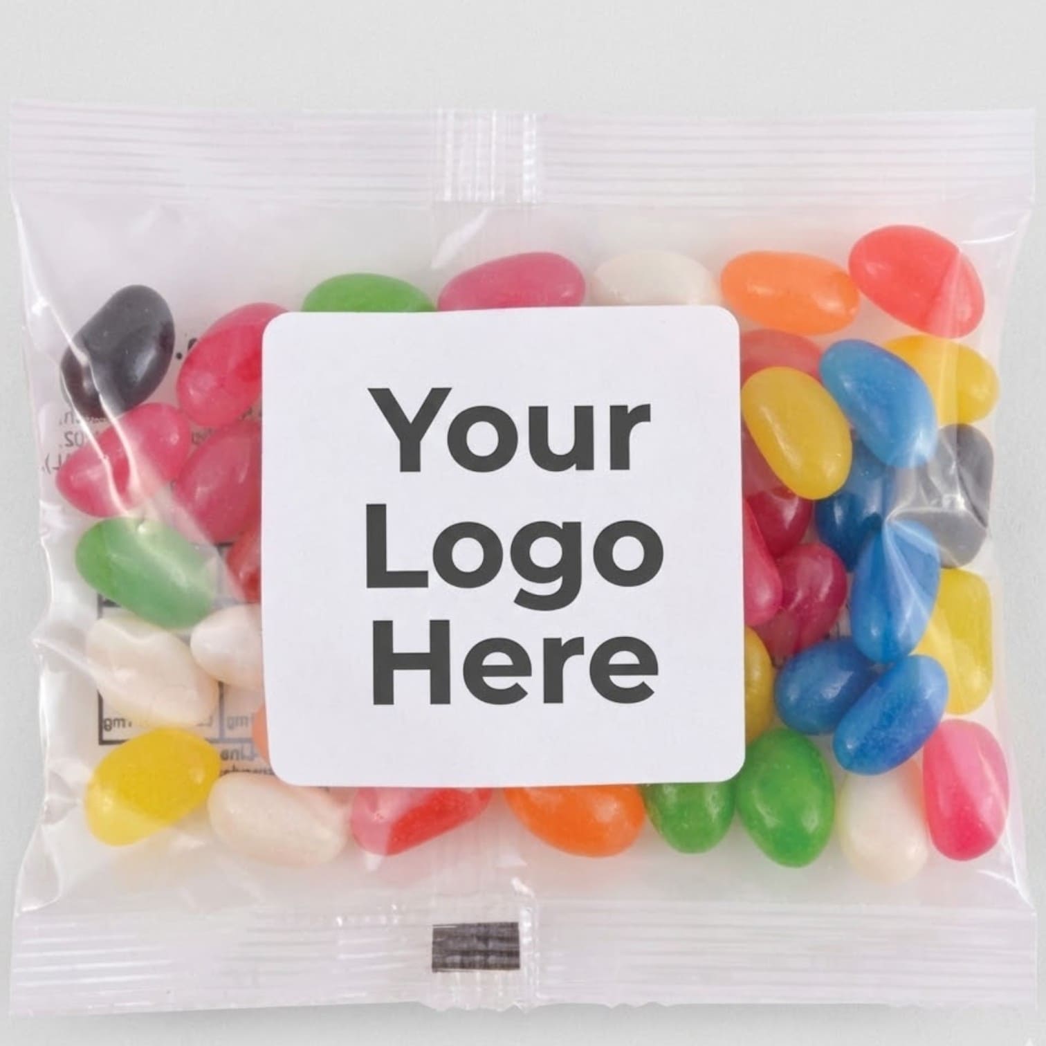 A clear bag of colorful jelly beans, perfect as custom promotional items for your brand.